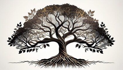 tree silhouette detailed leafy branches and visible roots isolated on white m stock