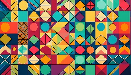 vibrant geometric pattern featuring squares circles and triangles in a mosaic style