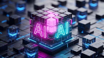 A 3d rendering of a cube with neon ai letters on a circuit board with blue lights
