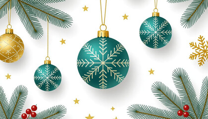 Elegant Teal Gold Christmas Ornaments Pine Branches Berries White Background