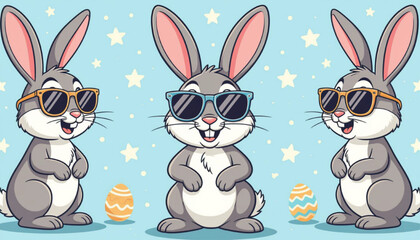 Three Cool Easter Bunnies with Sunglasses Easter Eggs Blue Starry Background