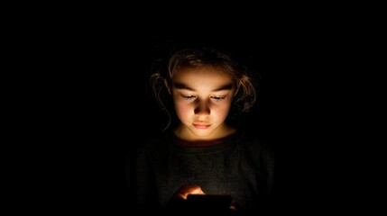 A child is looking at a smartphone in a dark space. The light from the screen brightly illuminates the child's face highlighting their focused expression.