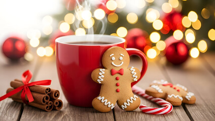 A festive holiday scene with a steaming red mug and gingerbread man surrounded by christmas decorations and treats on a wooden table