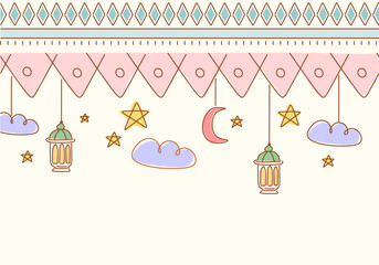 Fototapeta premium Ramadan decorative border illustration featuring hanging lanterns, crescent moon, stars, and clouds in soft pastel colors.