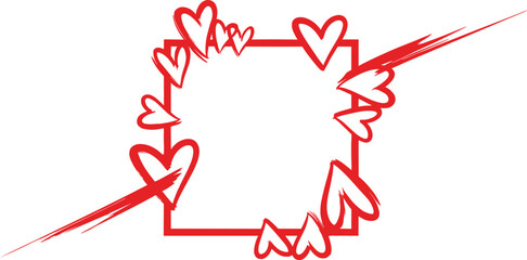 Red heart border frame with pencil drawing on white background
