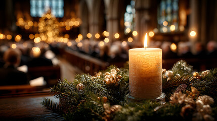 Close-up of a lit advent candle in a Christmas wreath during a church service. Festive holiday celebration with a congregation in the background. Faith and tradition concept