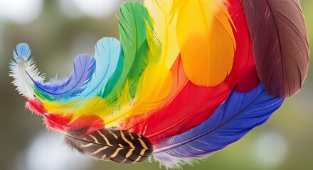 Vibrant rainbow feathers displayed in a curved pattern