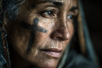Older Hispanic woman with ash smudge of Christian cross on forehead, Ash Wednesday concept