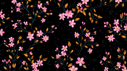 Seamless ditsy floral pattern with small flowers, ideal for fashion, fabric, wrapping paper, and decorative surfaces, featuring a charming and repeatable botanical design.