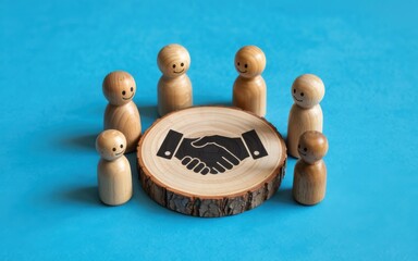 Group of wooden figures around a wooden disc with a handshake symbol on it, representing partnership and cooperation