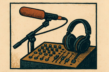 2D Charcoal Pencil Illustration of Professional Boom Microphone, Audio Mixer and Headphones