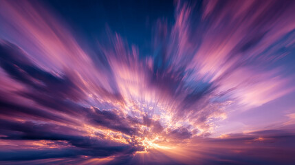 Fototapeta premium Long-exposure photo of fast-moving clouds in the sky, creating a dreamy, fantasy effect with smeared cloud trails, dramatic sunlight rays, and magenta-toned atmospheric lighting.