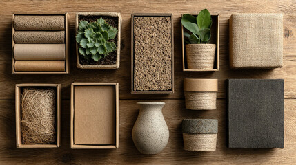 Recycled cardboard storage box arrangement, sustainable packaging concept, eco-friendly material display, flat lay composition, clean organized environment, zero waste lifestyle,
