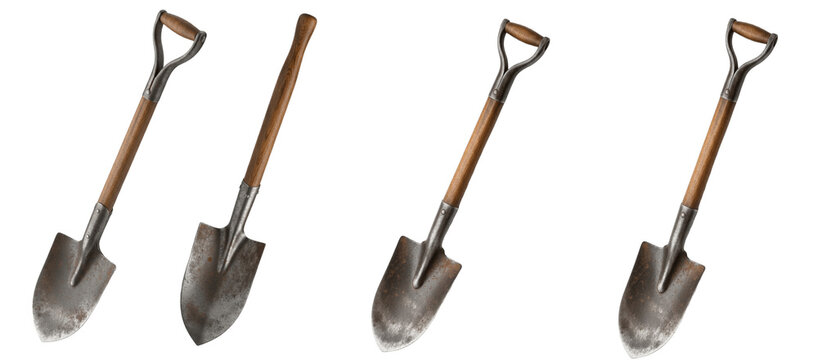 Old metal garden shovel isolated on transparent PNG background set