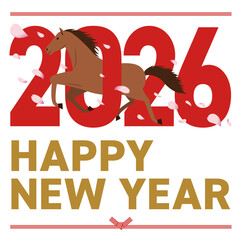 2026年と午年をイメージした花吹雪が舞うhappy new yearの年賀状_正方形
