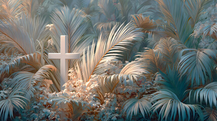 White Christian Cross and Palm Branches Celebrating Ash Wednesday on Purple Background