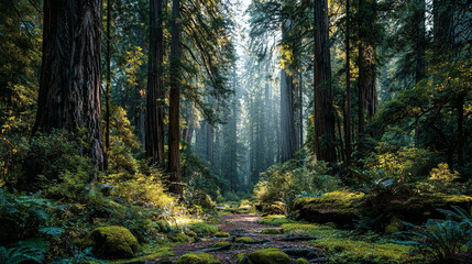Obraz premium Redwood forest with towering tree trunks, sunlight filtering through dense canopy, serene woodland floor covered in moss and foliage, ancient forest ecosystem, majestic tall trees