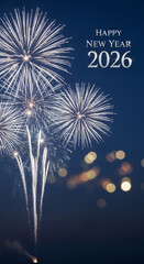 Fototapeta na wymiar Image of a fireworks display against a dark blue sky with bokeh and 