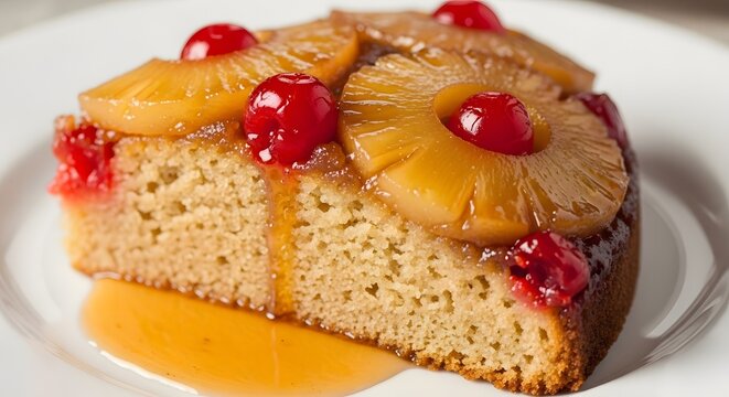 Moist slice of classic pineapple upside down cake topped with caramelized fruit rings and bright maraschino cherries dripping syrup onto the plate
