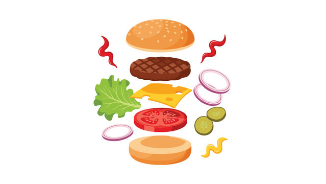 Exploded view of a delicious burger, showcasing all its individual ingredients separated in mid-air, perfect for food preparation.