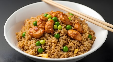 Close up view of delicious savory chicken fried rice featuring tender glazed pieces and vibrant green peas served in a white bowl with chopsticks.