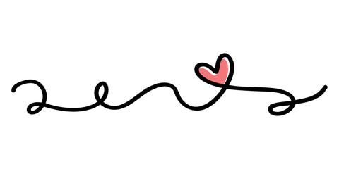 Continuous One Line Art Drawing of a Red Heart with Black Wavy Scribble, Minimalist Romantic Design Element for Valentine's Day