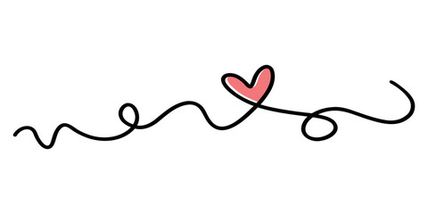 Continuous One Line Art Drawing of a Red Heart with Black Wavy Scribble, Minimalist Romantic Design Element for Valentine's Day