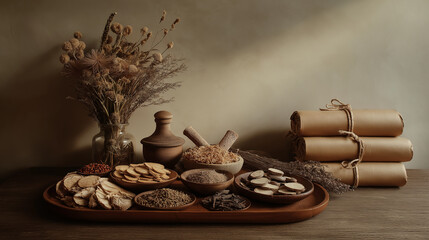 Traditional Chinese Medicine with Herbs and Spices on Light Grey Background &ndash; Natural Healing and Medicine Advertising Concept