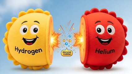 Hydrogen and helium plush characters demonstrating nuclear fusion process