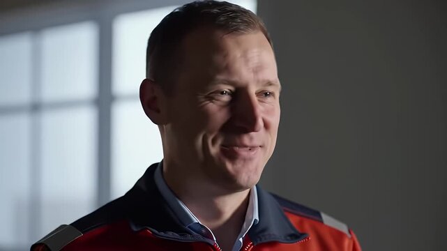 Man with Short Hair Smiling in Red and Dark Blue Uniform Indoors