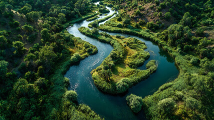 River meanders captured from aerial top-down view, winding freshwater channels through landscape, reflective water surfaces, vegetation patterns along riverbanks, panoramic natural