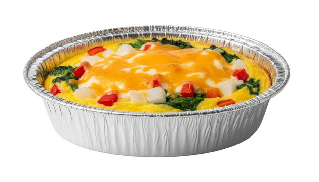 Mini egg casserole with vegetables and cheese, served in a disposable foil dish isolated on transparent background
