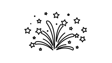 Black Outline Fireworks Burst with Stars Celebration Icon, Isolated White Background © Clairo