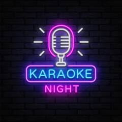 Bright neon sign with a vintage microphone and the phrase Karaoke Night. Perfect for club posters or music bar decor.