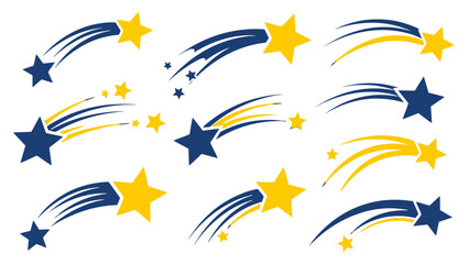 Collection of Colorful Shooting Stars and Falling Stars with Trails, Isolated White Background