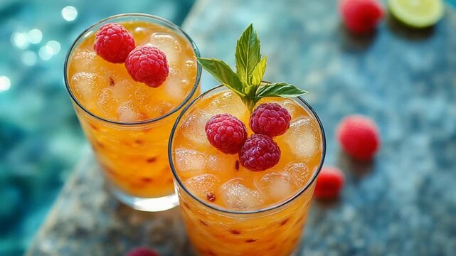 Refreshing summer drinks with raspberries by the poolside