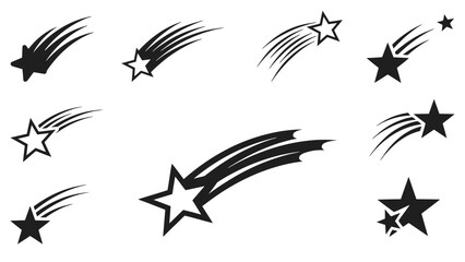 Black Silhouette Shooting Stars and Falling Stars Set on Isolated White Background