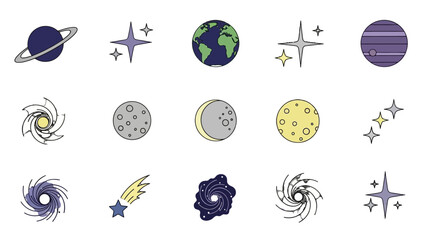 Colorful Celestial and Space Objects Icon Set with Planets, Stars, Galaxy, Comet, and Black Hole on Isolated White Background © Clairo
