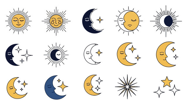 Diverse Celestial Objects Icon Set with Sun, Moon Phases, Stars, and Starbursts on Isolated White Background