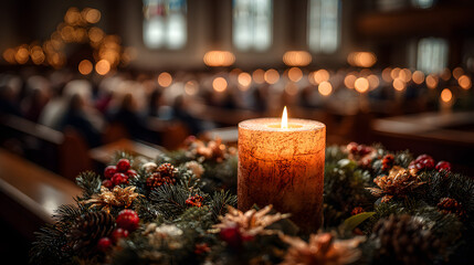 Close-up of a lit advent candle in a Christmas wreath during a church service. Festive holiday celebration with a congregation in the background. Faith and tradition concept