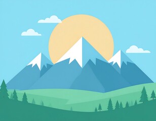 A vibrant, minimalist illustration of mountains with snowy peaks, a large sun, fluffy clouds, and a green valley with trees