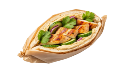 Pita filled with hummus, grilled chicken fillet pieces, fresh cucumber, and cilantro, neatly wrapped in parchment. isolated on transparent background