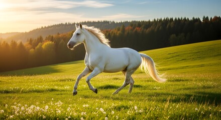 Majestic white horse with flowing mane and tail galloping gracefully across a vibrant sunlit green meadow during sunset