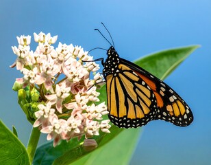 A vibrant monarch butterfly with orange and black wings delicately rests on a cluster of small pink and white flowers, with green leaves