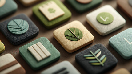 Low-carbon material badge collection displaying reduced-impact identifiers, sustainability alignment cues, environmental performance emphasis, and streamlined symbol structure promoting recognition