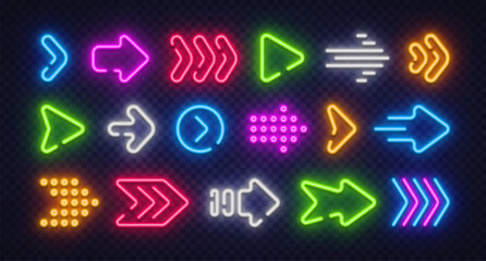 A vibrant collection of neon arrow icons in various shapes, colors and styles on a dark transparent background. The glowing symbols work well for navigation, interfaces or motion design.