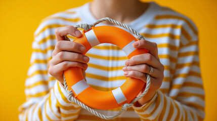 Person holding orange rescue ring wearing striped sailor outfit against vibrant background, life-saving equipment, nautical safety gear, maritime protection, with copy space