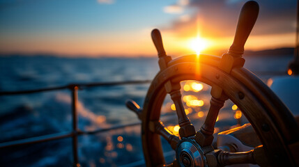 Ship's wheel backlit by warm sunset over calm ocean, maritime silhouette, nautical navigation, peaceful waters, defocused horizon, with copy space