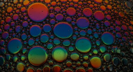 Macro photograph captures a mesmerizing array of iridescent, multicolored oil bubbles tightly packed together creating a vibrant abstract background texture