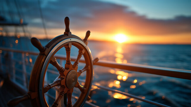 Ship's wheel backlit by warm sunset over calm ocean, maritime silhouette, nautical navigation, peaceful waters, defocused horizon, with copy space - Powered by Adobe